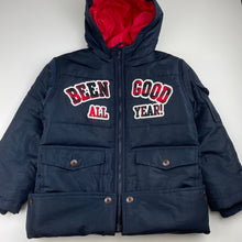 Load image into Gallery viewer, Boys Osh Kosh, adjustable length navy puffer jacket / coat, Sz: 105/52, L: 46-56cm, armpit to armpit: 39cm, shoulder to cuff: 40cm, EUC, size 4-6,