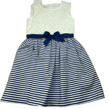 Load image into Gallery viewer, Girls Target, lined navy & white party dress, top button missing, FUC, size 7, L: 66cm