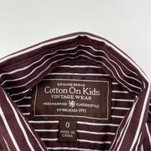 Load image into Gallery viewer, Boys Cotton On, brown & white stripe cotton long sleeve shirt, GUC, size 0,