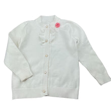 Load image into Gallery viewer, Girls white, knitted cardigan, labels removed, armpit to armpit: 32cm, shoulder to cuff: 36cm, light marks on cuffs, FUC, size 5-6,