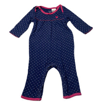 Load image into Gallery viewer, Girls Carters, navy & white spot cotton romper, wash fade, FUC, size 3 months,