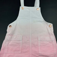 Load image into Gallery viewer, Girls 1964 Denim Co, pink & white denim overalls dress, light mark on front, FUC, size 7, L: 64cm