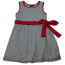 Load image into Gallery viewer, Girls Bardot Junior, lined navy stripe dress, FUC, size 7, L: 55cm