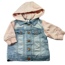 Load image into Gallery viewer, Girls Baby Berry, hooded stretch denim jacket, marks lower back, FUC, size 000,