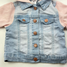 Load image into Gallery viewer, Girls Baby Berry, hooded stretch denim jacket, marks lower back, FUC, size 000,