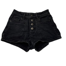 Load image into Gallery viewer, Girls 1964 Denim Co, black stretch denim shorts, W: 26.5cm across unstretched, GUC, size 8,