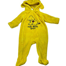 Load image into Gallery viewer, unisex Fun With Spot, yellow fleece zip hooded romper, detachable hood, GUC, size 00,