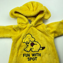 Load image into Gallery viewer, unisex Fun With Spot, yellow fleece zip hooded romper, detachable hood, GUC, size 00,