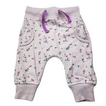 Load image into Gallery viewer, Girls Baby Berry, lilac floral fleece lined pants / bottoms, elasticated, GUC, size 00,