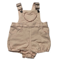 Load image into Gallery viewer, Girls Bardot Junior, pink stretch denim overalls / shortalls, small marks on straps at back, FUC, size 00,