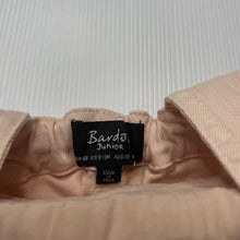 Load image into Gallery viewer, Girls Bardot Junior, pink stretch denim overalls / shortalls, small marks on straps at back, FUC, size 00,