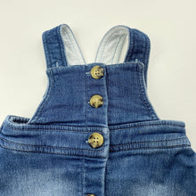 Load image into Gallery viewer, Girls Bardot Junior, stretchy knit denim overalls dress / pinafore, GUC, size 000, L: 34cm