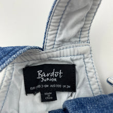 Load image into Gallery viewer, Girls Bardot Junior, stretchy knit denim overalls dress / pinafore, GUC, size 000, L: 34cm