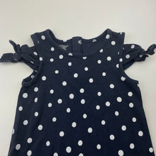Load image into Gallery viewer, Girls TOUGHSKINS, navy & white spot open-shoulder dress, GUC, size 5-6, L: 55cm