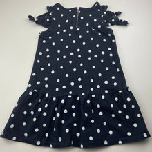 Load image into Gallery viewer, Girls TOUGHSKINS, navy & white spot open-shoulder dress, GUC, size 5-6, L: 55cm