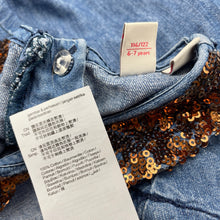 Load image into Gallery viewer, Girls Esprit, sequin trim chambray cotton dress, small marks front skirt, FUC, size 6-7, L: 64cm