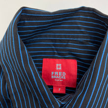 Load image into Gallery viewer, Boys FRED BRACKS, black & blue stripe long sleeve dress shirt, EUC, size 7,