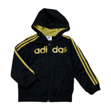 Load image into Gallery viewer, Girls Adidas, black & gold zip up track top, light pilling, FUC, size 2,