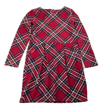 Load image into Gallery viewer, Girls tartan, long sleeve dress, armpit to armpit: 31cm, shoulder to cuff: 42cm, wash fade, FUC, size 6-7, L: 61cm