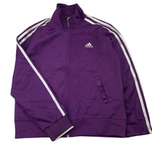 Load image into Gallery viewer, Girls Adidas, purple zip up track top, armpit to armpit: 44cm, shoulder to cuff: 53cm, GUC, size 12-14,