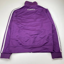 Load image into Gallery viewer, Girls Adidas, purple zip up track top, armpit to armpit: 44cm, shoulder to cuff: 53cm, GUC, size 12-14,