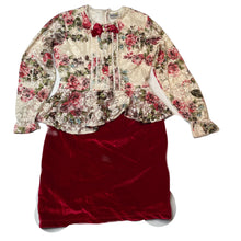 Load image into Gallery viewer, Girls Daffodils, spliced floral lace & velvet dress, armpit to armpit: 33cm, shoulder to cuff: 43cm, GUC, size 7-8, L: 68cm