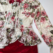 Load image into Gallery viewer, Girls Daffodils, spliced floral lace & velvet dress, armpit to armpit: 33cm, shoulder to cuff: 43cm, GUC, size 7-8, L: 68cm