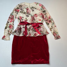Load image into Gallery viewer, Girls Daffodils, spliced floral lace & velvet dress, armpit to armpit: 33cm, shoulder to cuff: 43cm, GUC, size 7-8, L: 68cm