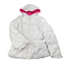 Load image into Gallery viewer, Girls Pink Platinum, fleece lined white & silver spot jacket / coat, wash fade & light marks, FUC, size 6,