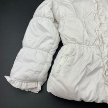 Load image into Gallery viewer, Girls Pink Platinum, fleece lined white & silver spot jacket / coat, wash fade & light marks, FUC, size 6,