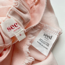 Load image into Gallery viewer, Girls Seed, pink stretch denim overalls dress / pinafore, EUC, size 6, L: 59cm