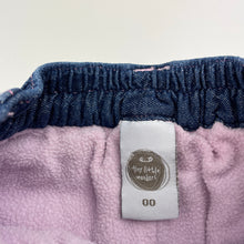 Load image into Gallery viewer, Girls Tiny Little Wonders, fleece lined denim pants, elasticated, GUC, size 00,