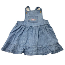 Load image into Gallery viewer, Girls Dymples, embroidered chambray cotton overalls dress, GUC, size 00, L: 35cm
