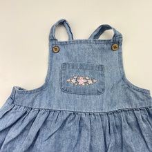 Load image into Gallery viewer, Girls Dymples, embroidered chambray cotton overalls dress, GUC, size 00, L: 35cm