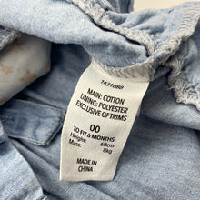 Load image into Gallery viewer, Girls Dymples, embroidered chambray cotton overalls dress, GUC, size 00, L: 35cm