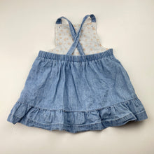 Load image into Gallery viewer, Girls Dymples, embroidered chambray cotton overalls dress, GUC, size 00, L: 35cm