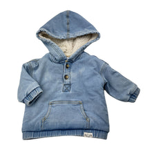 Load image into Gallery viewer, unisex Dymples, fleece lined stretch denim hoodie / jacket, FUC, size 0,