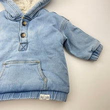 Load image into Gallery viewer, unisex Dymples, fleece lined stretch denim hoodie / jacket, FUC, size 0,