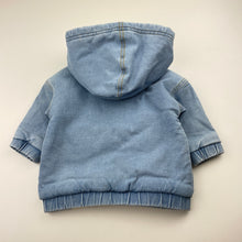 Load image into Gallery viewer, unisex Dymples, fleece lined stretch denim hoodie / jacket, FUC, size 0,