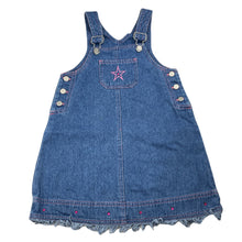 Load image into Gallery viewer, Girls Adams, embroidered denim overalls dress / pinafore, GUC, size 4, L: 56cm