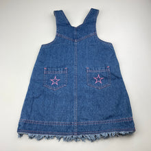 Load image into Gallery viewer, Girls Adams, embroidered denim overalls dress / pinafore, GUC, size 4, L: 56cm