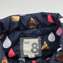 Load image into Gallery viewer, Girls Cotton On, navy puffer vest / sleeveless jacket, raindrops, FUC, size 8,