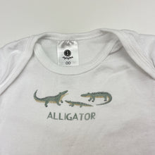 Load image into Gallery viewer, Unisex Dymples, organic cotton bodysuit / romper, alligator, EUC, size 00,