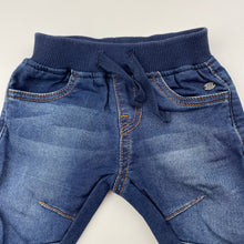 Load image into Gallery viewer, Unisex Bebe by Minihaha, lightweight stretch knit denim pants, elasticated, EUC, size 000,