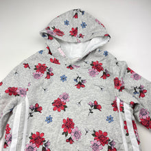 Load image into Gallery viewer, Girls floral, fleece lined hoodie sweater dress, no labels, armpit to armpit: 38cm, shoulder to cuff: 47cm, EUC, size 8-9, L: 66cm
