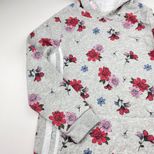 Load image into Gallery viewer, Girls floral, fleece lined hoodie sweater dress, no labels, armpit to armpit: 38cm, shoulder to cuff: 47cm, EUC, size 8-9, L: 66cm