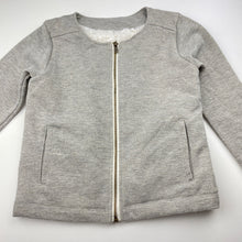 Load image into Gallery viewer, Girls fleece lined, grey & metallic gold zip up sweater, no labels, armpit to armpit: 33cm, shoulder to cuff: 40cm, FUC, size 6,