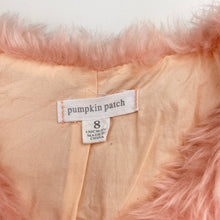 Load image into Gallery viewer, Girls Pumpkin Patch, cotton lined pink faux fur vest, single hook fasten, marks on lining, FUC, size 8,