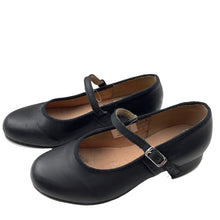 Load image into Gallery viewer, Girls BLOCH, black leather Tap On dance shoes, Techno Tap plates, 19mm heel, GUC, size 6-8,