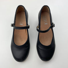 Load image into Gallery viewer, Girls BLOCH, black leather Tap On dance shoes, Techno Tap plates, 19mm heel, GUC, size 6-8,